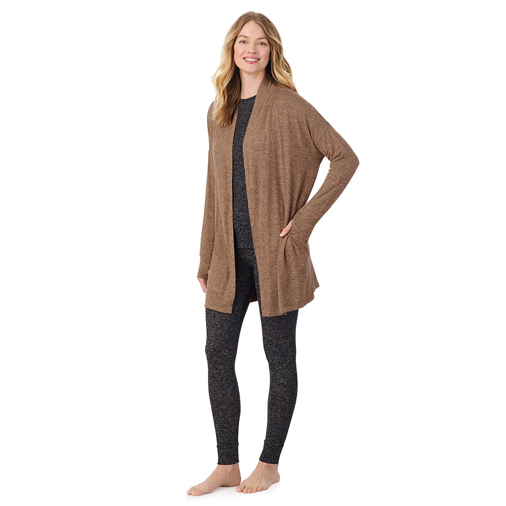Marled Walnut Taupe; Model is wearing size S. She is 5'11", Bust 33", Waist 24", Hips 34". @A lady wearing a Marled Walnut Taupe long sleeve wrap.