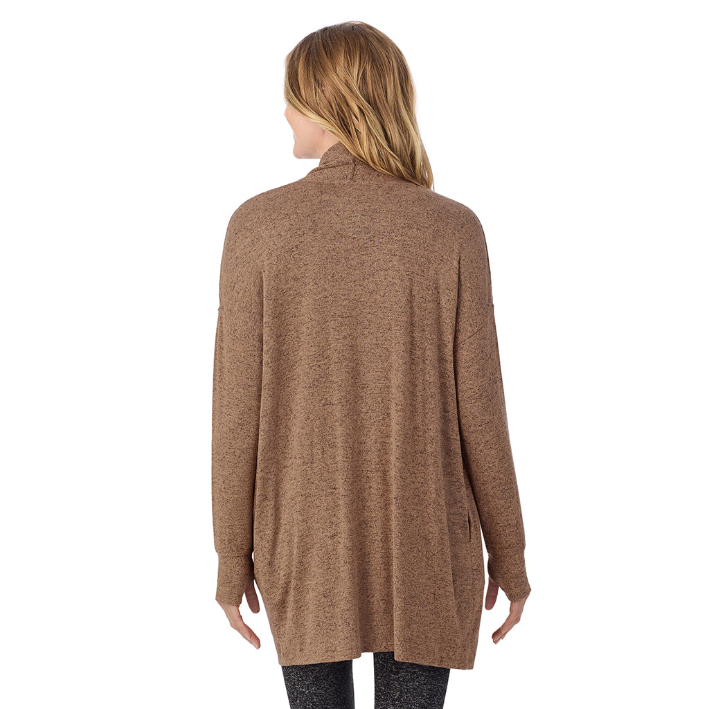 Marled Walnut Taupe; Model is wearing size S. She is 5'11", Bust 33", Waist 24", Hips 34". @A lady wearing a Marled Walnut Taupe long sleeve wrap.