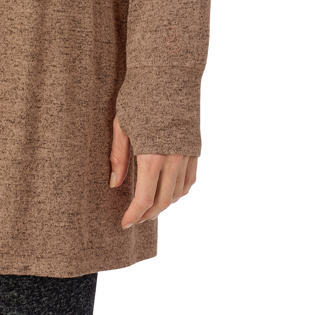 Marled Walnut Taupe; Model is wearing size S. She is 5'11", Bust 33", Waist 24", Hips 34".@A lady wearing a Marled Walnut Taupe long sleeve wrap.