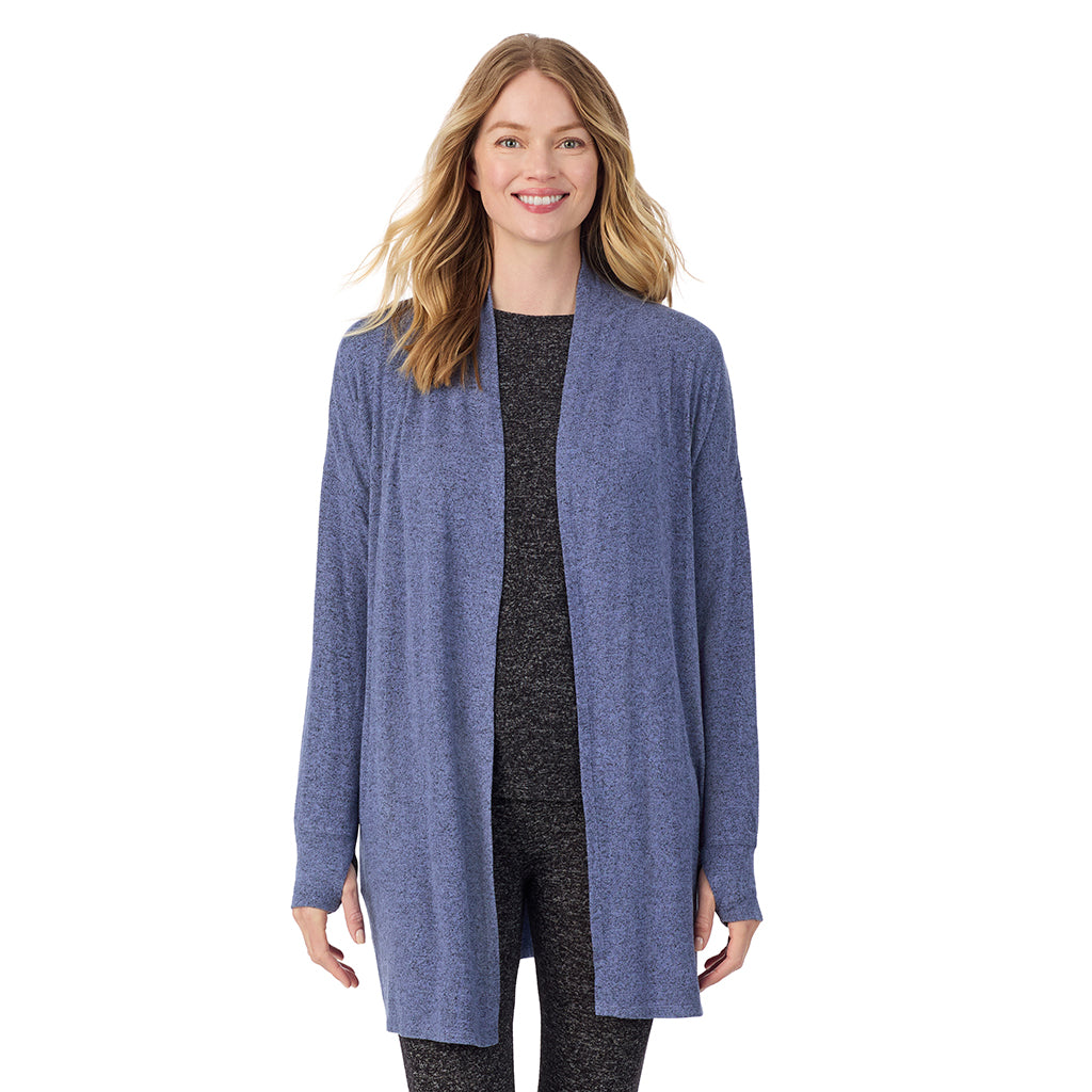 Marled Velvet Blue; Model is wearing size S. She is 5'11", Bust 33", Waist 24", Hips 34".@A lady wearing a Marled Velvet Blue long sleeve wrap.