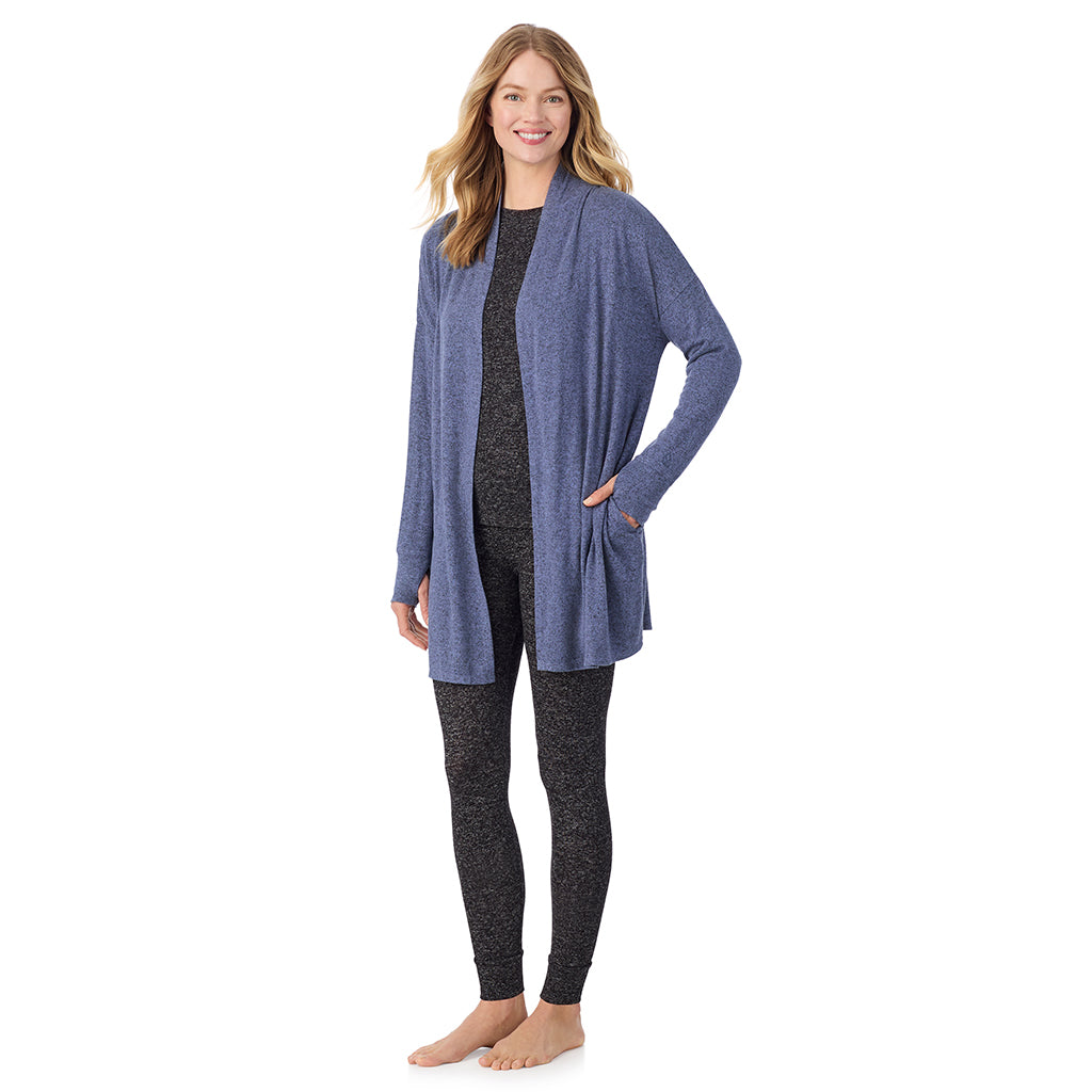 Marled Velvet Blue; Model is wearing size S. She is 5'11", Bust 33", Waist 24", Hips 34". @A lady wearing a Marled Velvet Blue long sleeve wrap.