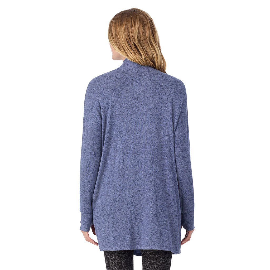 Marled Velvet Blue; Model is wearing size S. She is 5'11", Bust 33", Waist 24", Hips 34".@A lady wearing a Marled Velvet Blue long sleeve wrap.