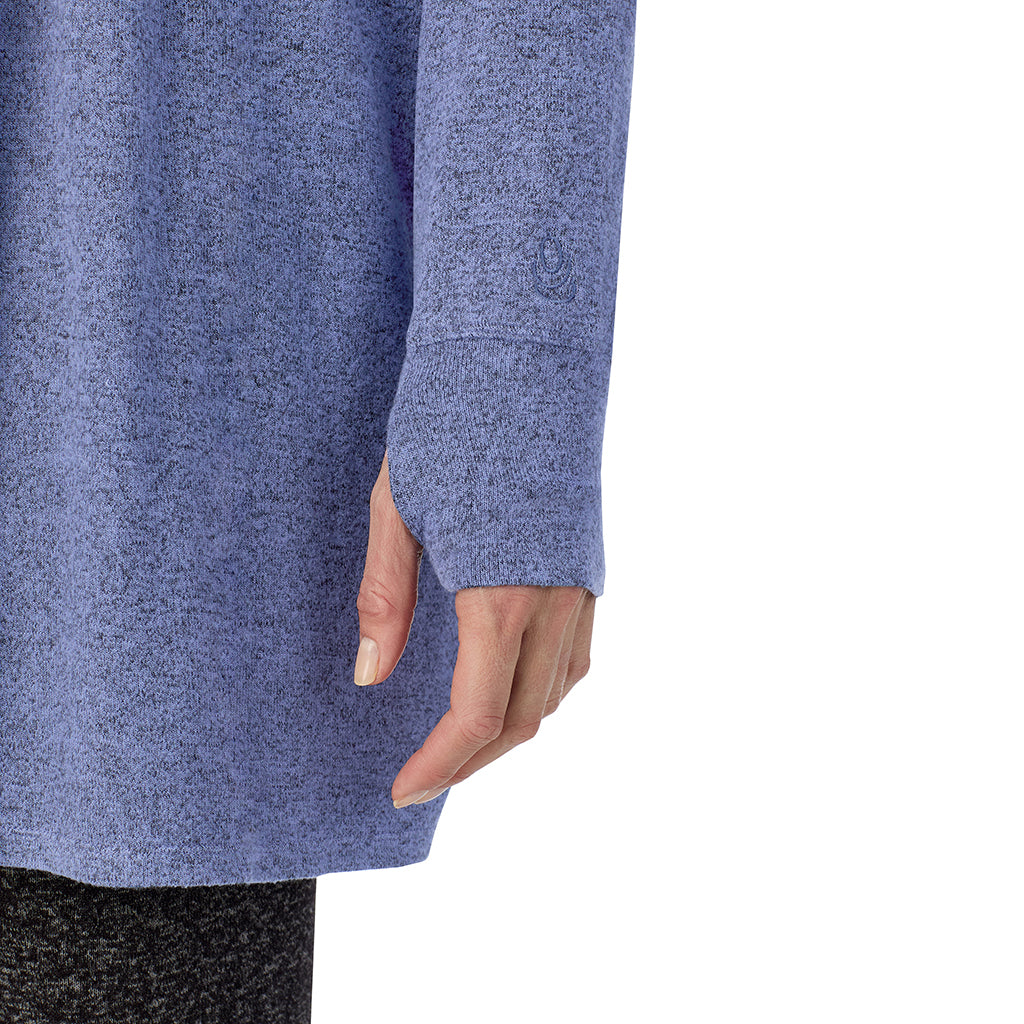 Marled Velvet Blue; Model is wearing size S. She is 5'11", Bust 33", Waist 24", Hips 34".@A lady wearing a Marled Velvet Blue long sleeve wrap.