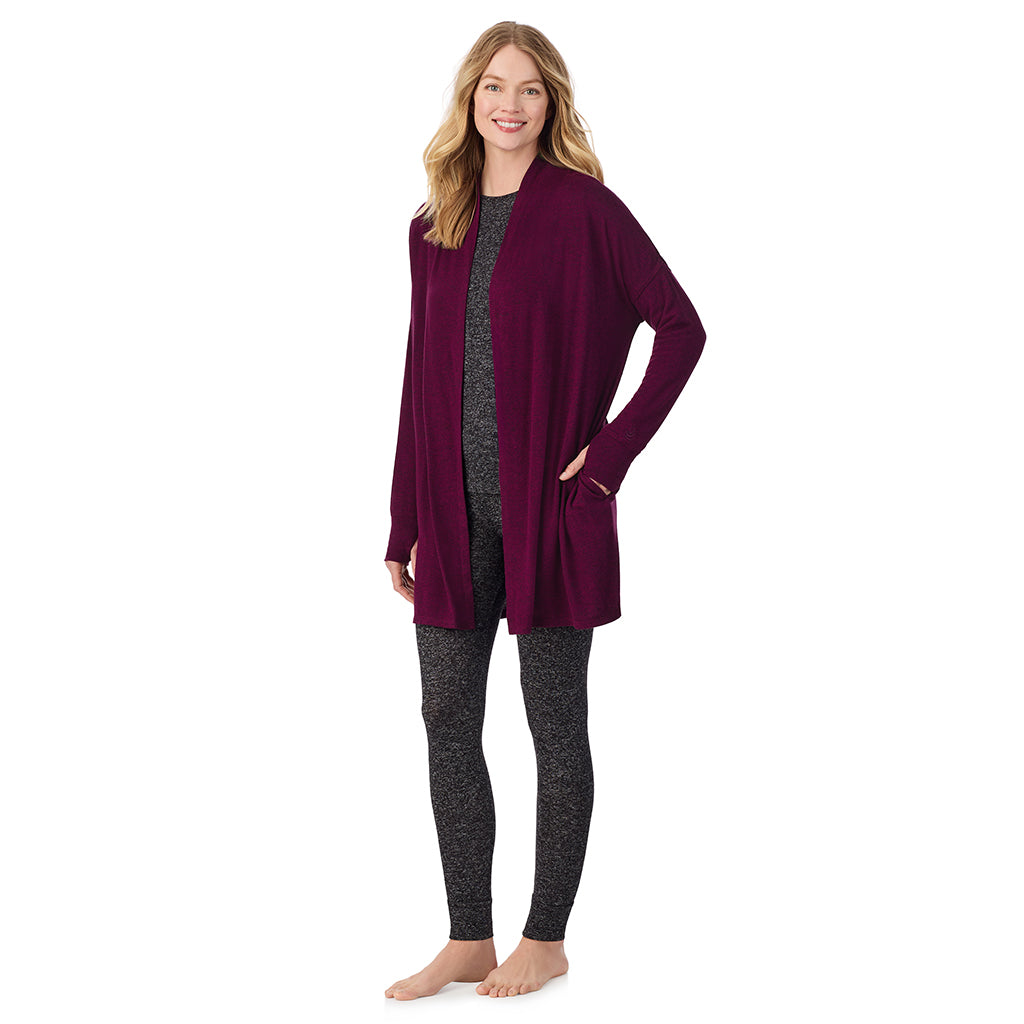 Marled Dark Purple; Model is wearing size S. She is 5'11", Bust 33", Waist 24", Hips 34".@A lady wearing a Marled Dark Purple long sleeve wrap.