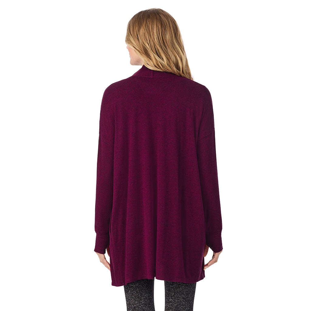 Marled Dark Purple; Model is wearing size S. She is 5'11", Bust 33", Waist 24", Hips 34".@A lady wearing a Marled Dark Purple long sleeve wrap.