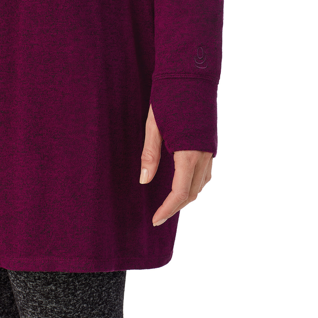 Marled Dark Purple; Model is wearing size S. She is 5'11", Bust 33", Waist 24", Hips 34". @A lady wearing a Marled Dark Purple long sleeve wrap.