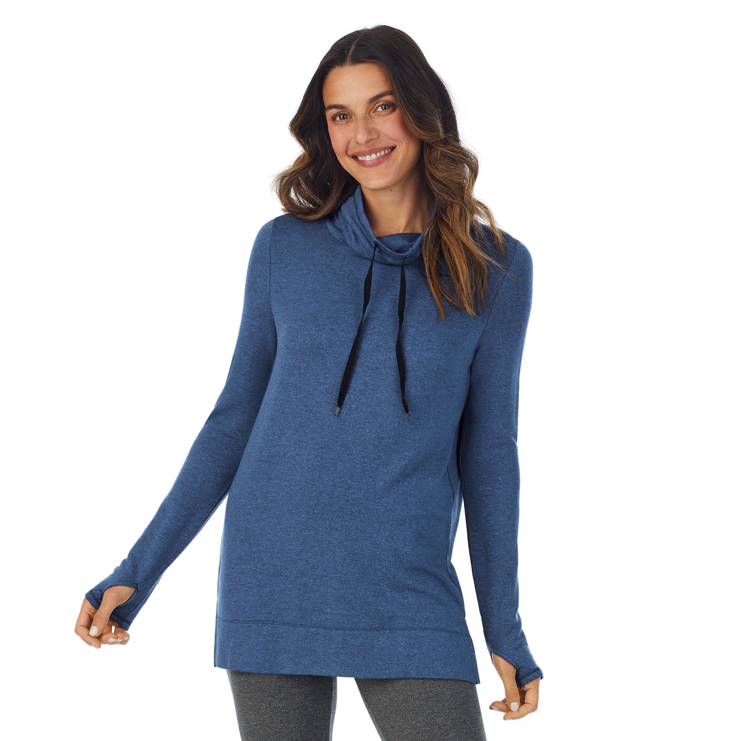 Ultramarine Heather;Model is wearing size S. She is 5’9”, Bust 34”, Waist 25.5”, Hips 36.5”.@A lady wearing ultramarine heather Ultra Cozy Long Sleeve Cowl Neck Tunic