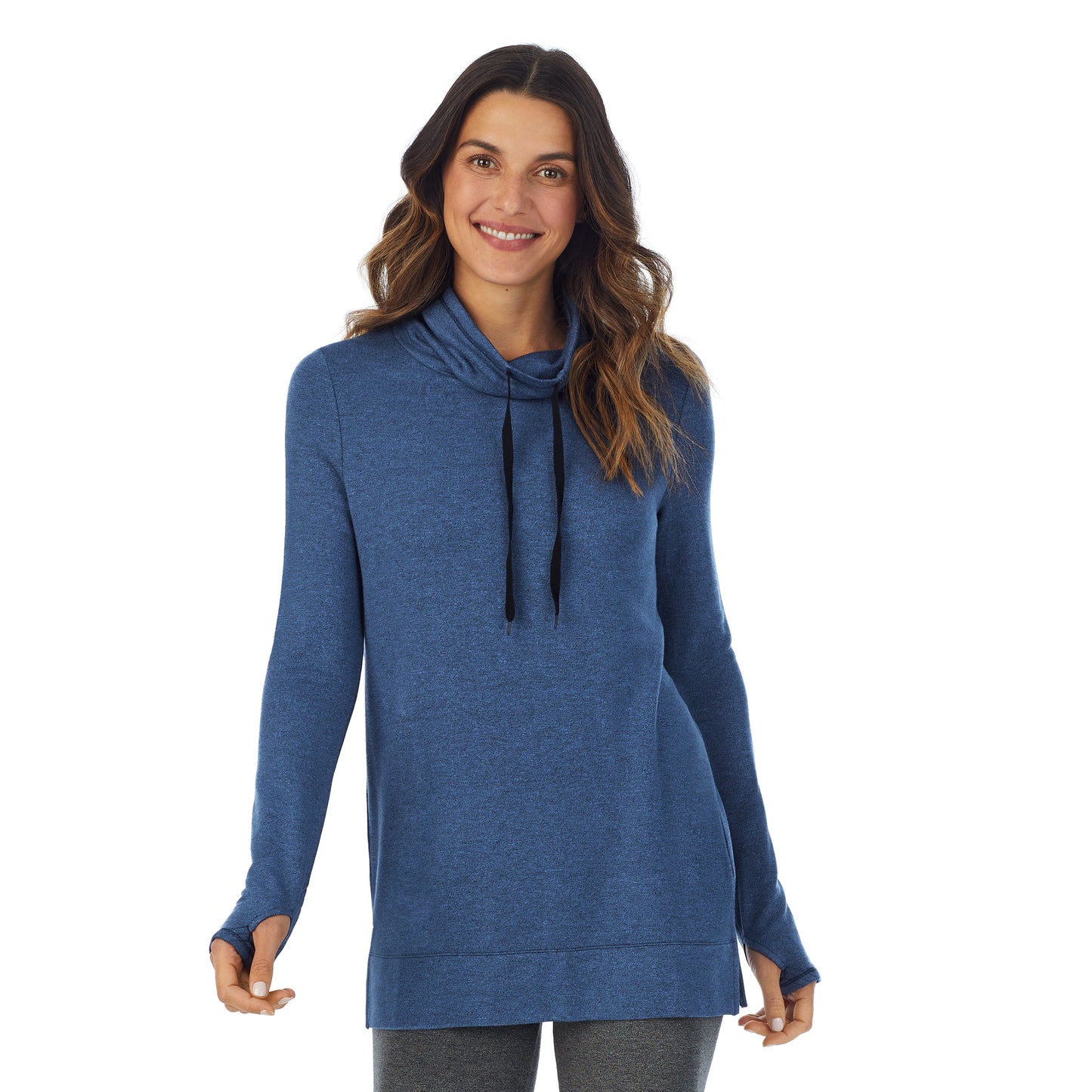 Ultramarine Heather;Model is wearing size S. She is 5’9”, Bust 34”, Waist 25.5”, Hips 36.5”.@A lady wearing ultramarine heather Ultra Cozy Long Sleeve Cowl Neck Tunic