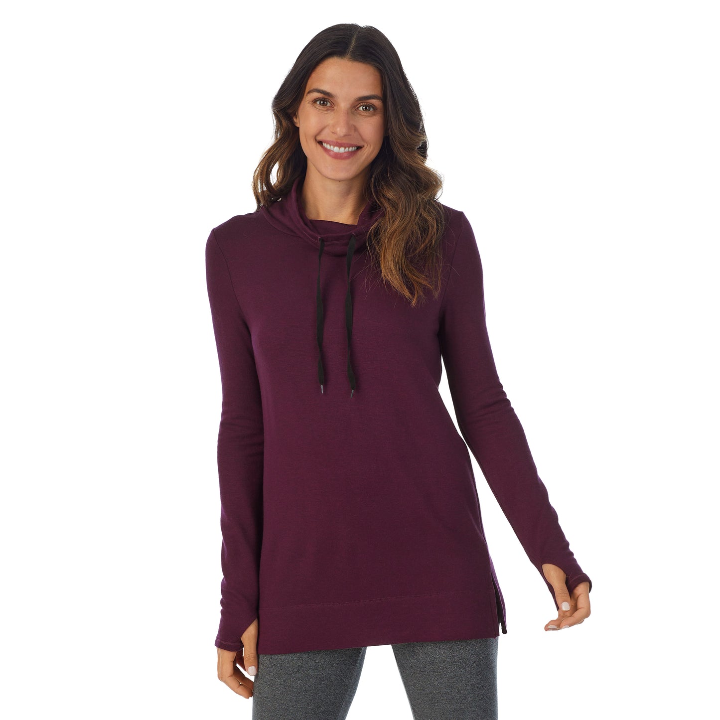 Purple Beet Heather;Model is wearing size S. She is 5’9”, Bust 34”, Waist 25.5”, Hips 36.5”.@A lady wearing purple beet heather Ultra Cozy Long Sleeve Cowl Neck Tunic