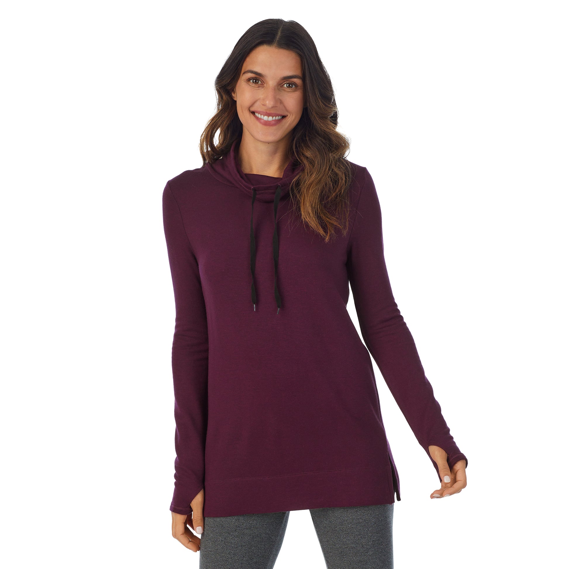 A lady wearing purple beet heather Ultra Cozy Long Sleeve Cowl Neck Tunic