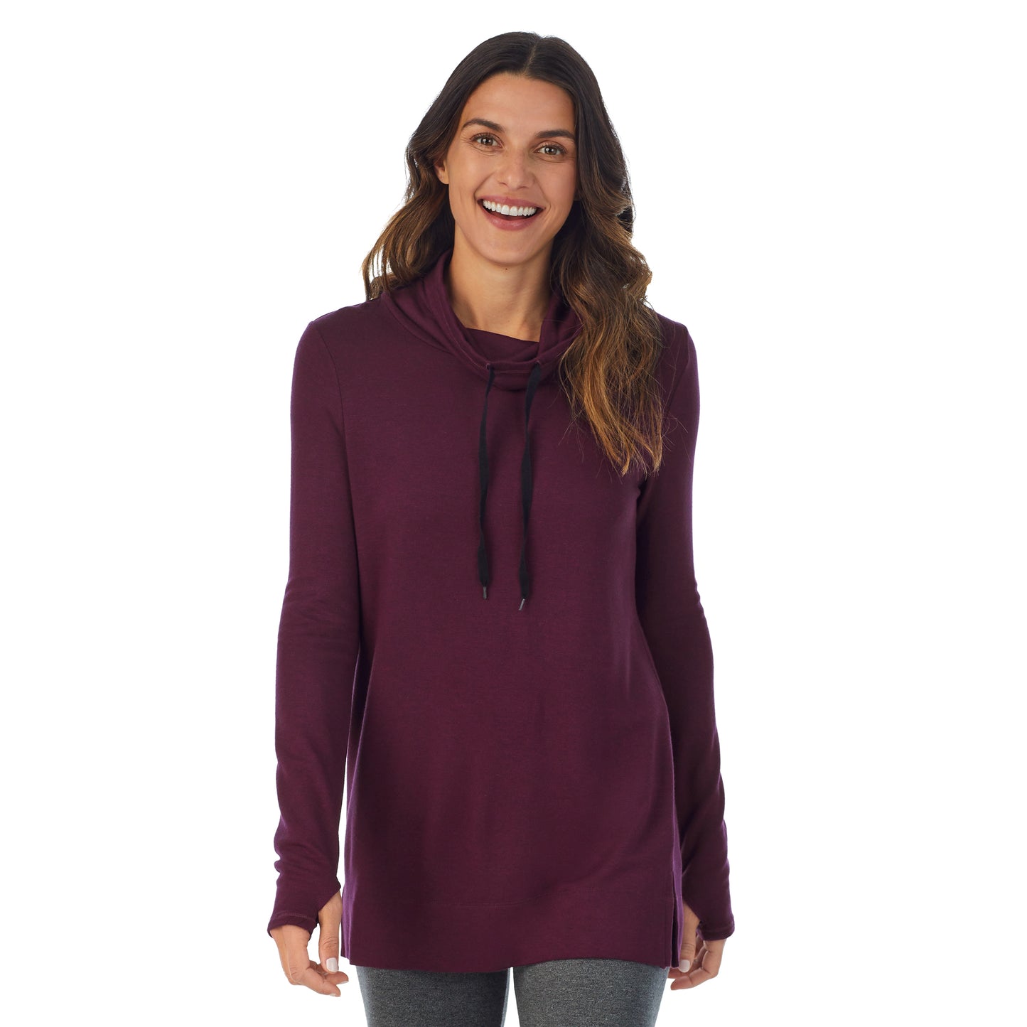 Purple Beet Heather;Model is wearing size S. She is 5’9”, Bust 34”, Waist 25.5”, Hips 36.5”.@A lady wearing purple beet heather Ultra Cozy Long Sleeve Cowl Neck Tunic