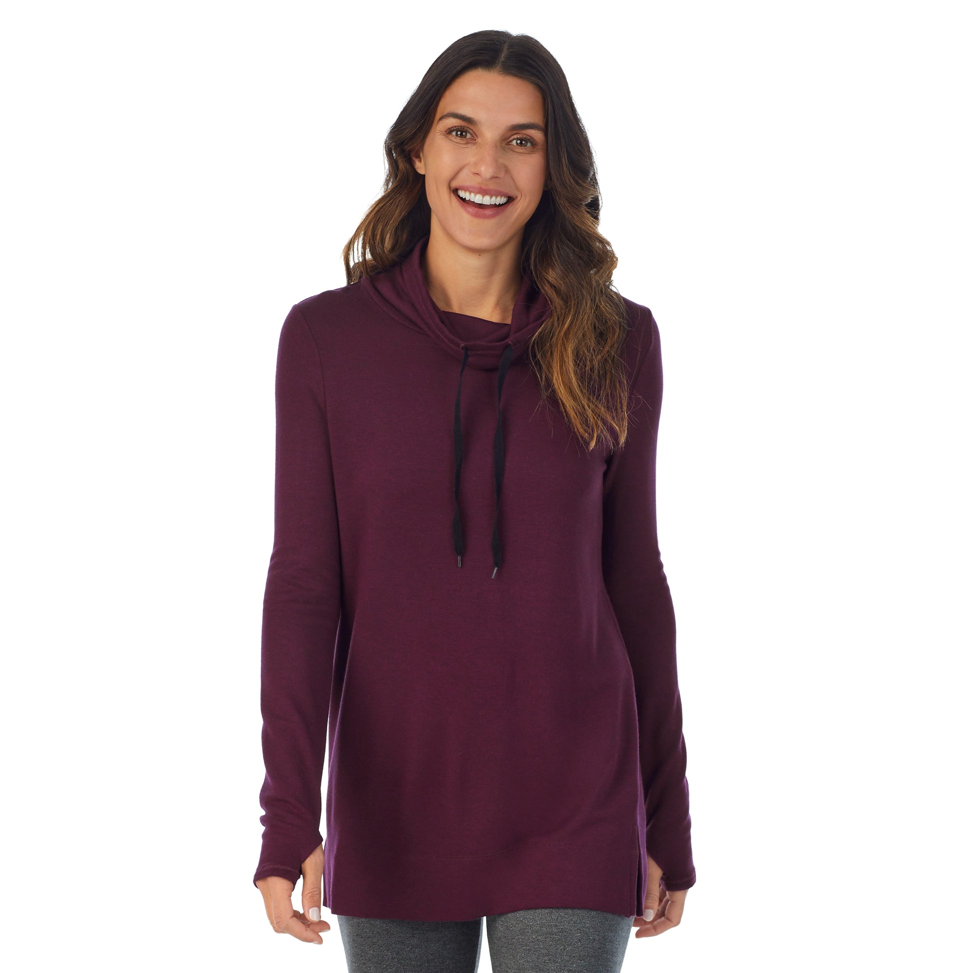 A lady wearing purple beet heather Ultra Cozy Long Sleeve Cowl Neck Tunic