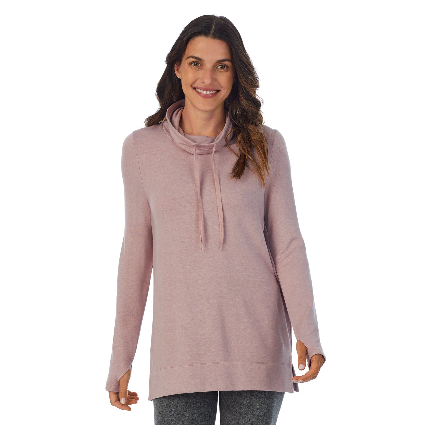 Mauve Shadow Heather;Model is wearing size S. She is 5’9”, Bust 34”, Waist 25.5”, Hips 36.5”.@A lady wearing mauve shadow heather Ultra Cozy Long Sleeve Cowl Neck Tunic
