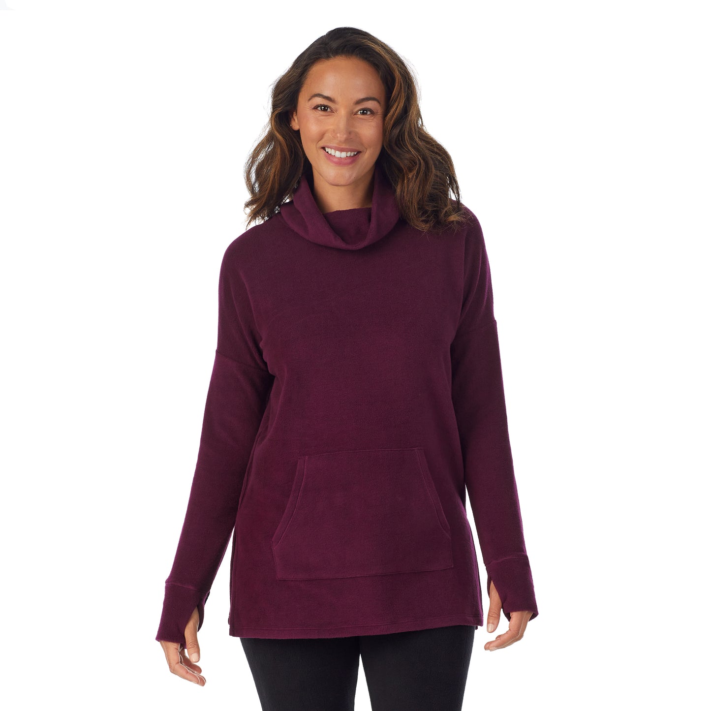 Purple Beet; Model is wearing size S. She is 5’8”, Bust 34”, Waist 24.5”, Hips 35”.@A lady wearing purple beet fleecewear with stretch lounge long sleeve tunic.