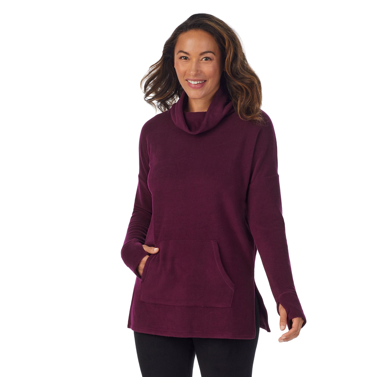 Purple Beet; Model is wearing size S. She is 5’8”, Bust 34”, Waist 24.5”, Hips 35”.@A lady wearing purple beet fleecewear with stretch lounge long sleeve tunic.