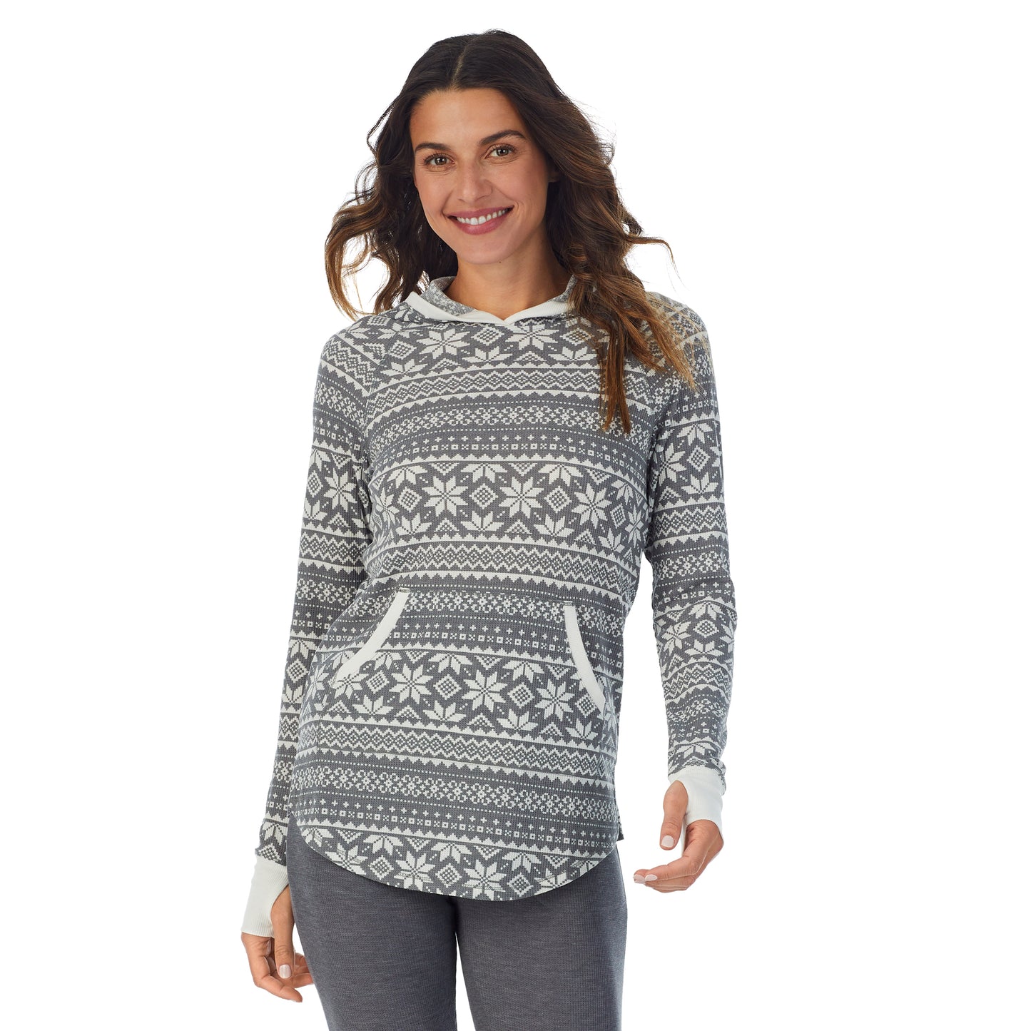 Stone Grey Fairisle; Model is wearing size S. She is 5’9”, Bust 34”, Waist 25.5”, Hips 36.5”. @A lady wearing a Stone Grey Fairisle long sleeve hoodie tunic.