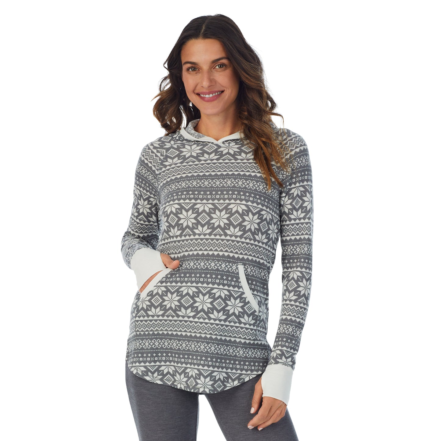 Stone Grey Fairisle; Model is wearing size S. She is 5’9”, Bust 34”, Waist 25.5”, Hips 36.5”. @A lady wearing a Stone Grey Fairisle long sleeve hoodie tunic.