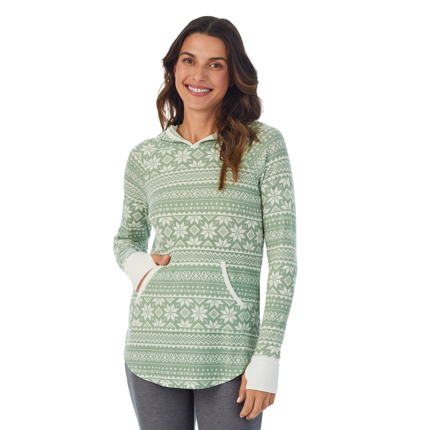 Soft Olive Fairisle; Model is wearing size S. She is 5’9”, Bust 34”, Waist 25.5”, Hips 36.5”. @A lady wearing a Soft Olive Fairisle long sleeve hoodie tunic.