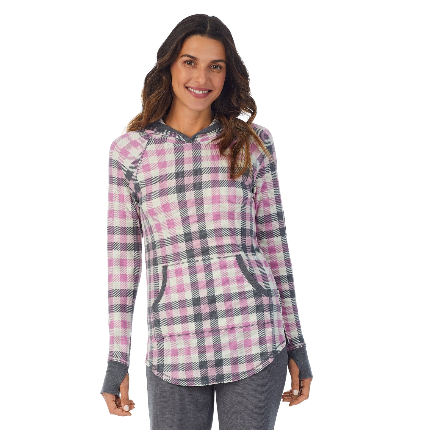 Mulberry Buffalo; Model is wearing size S. She is 5’9”, Bust 34”, Waist 25.5”, Hips 36.5”. @A lady wearing a Mulberry Buffalo long sleeve hoodie tunic.