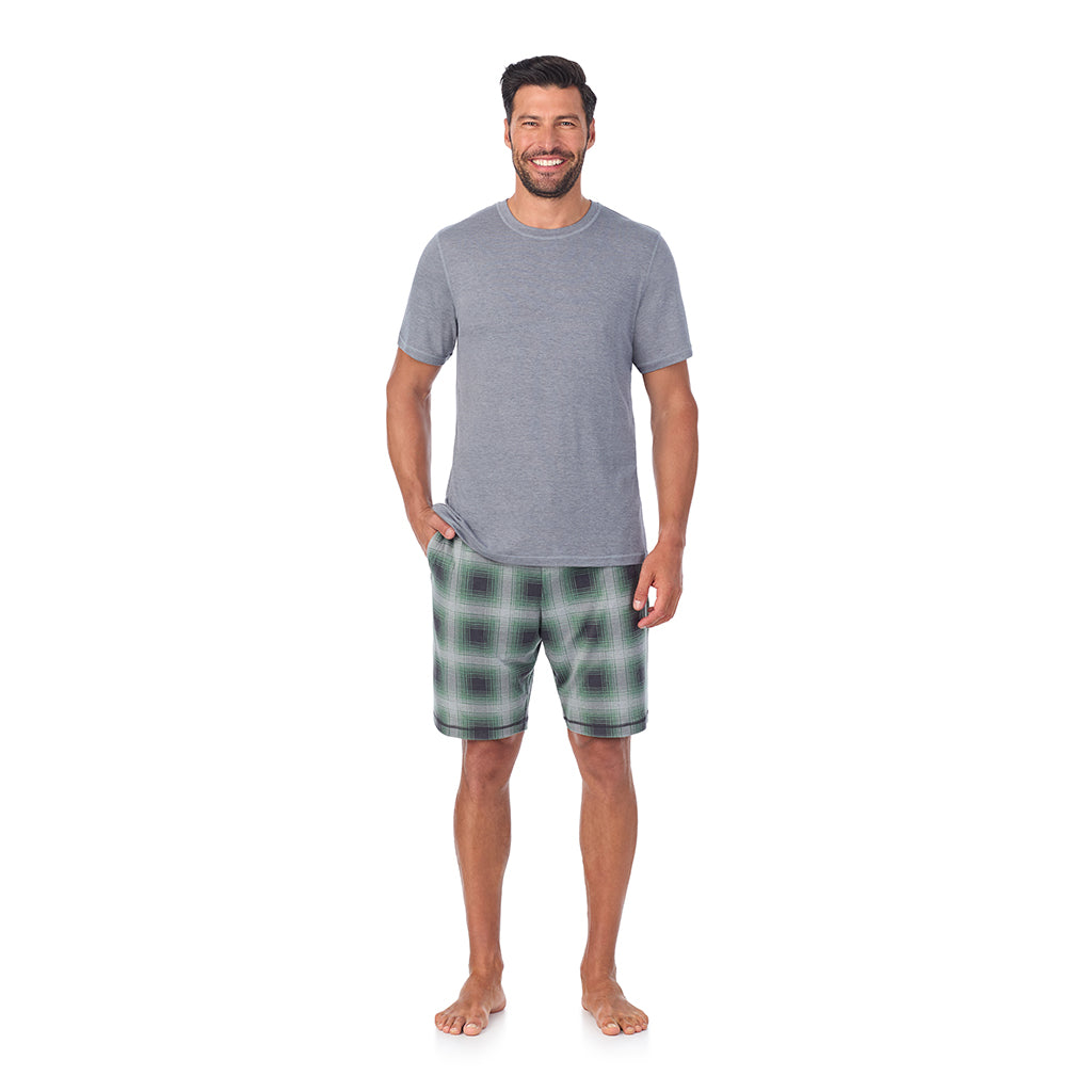 Grey Plaid;Model is wearing a size M. He is 6’2”, Waist is 32”, Inseam 34”@A man wearing Classic Short Sleeve Crew Neck Tee and Pajama Short 2-pc Set