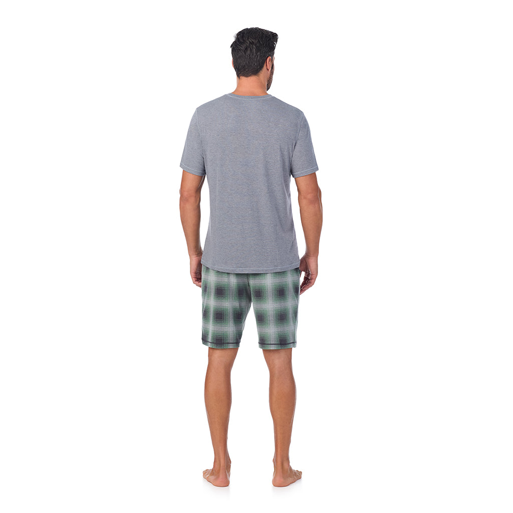 Grey Plaid;Model is wearing a size M. He is 6’2”, Waist is 32”, Inseam 34”@A man wearing Classic Short Sleeve Crew Neck Tee and Pajama Short 2-pc Set