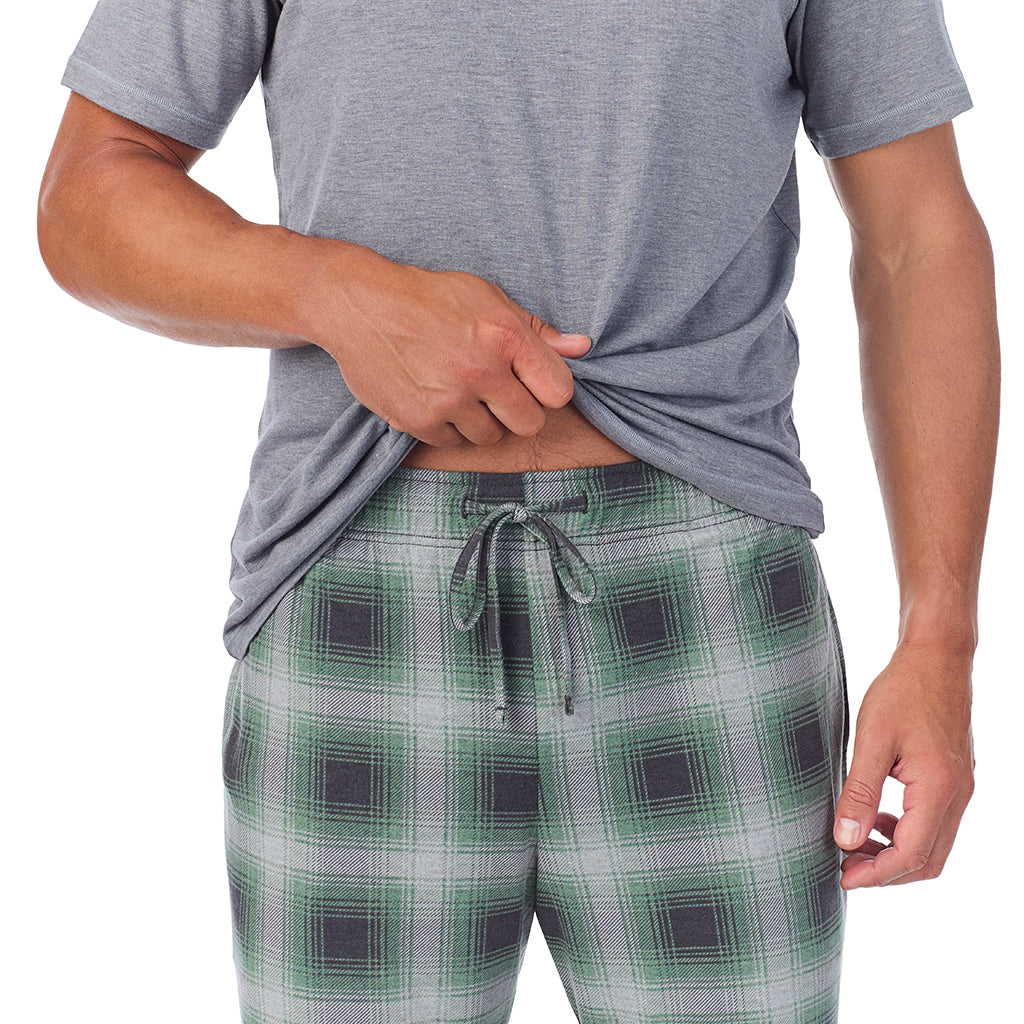 Grey Plaid;Model is wearing a size M. He is 6’2”, Waist is 32”, Inseam 34”@A man wearing Classic Short Sleeve Crew Neck Tee and Pajama Short 2-pc Set