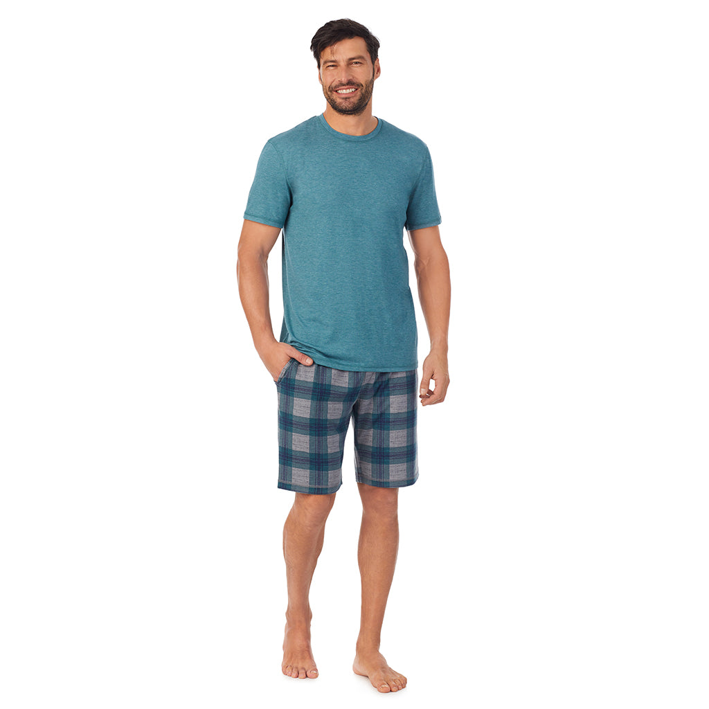 Green Plaid;Model is wearing a size M. He is 6’2”, Waist is 32”, Inseam 34”@A man wearing Classic Short Sleeve Crew Neck Tee and Pajama Short 2-pc Set
