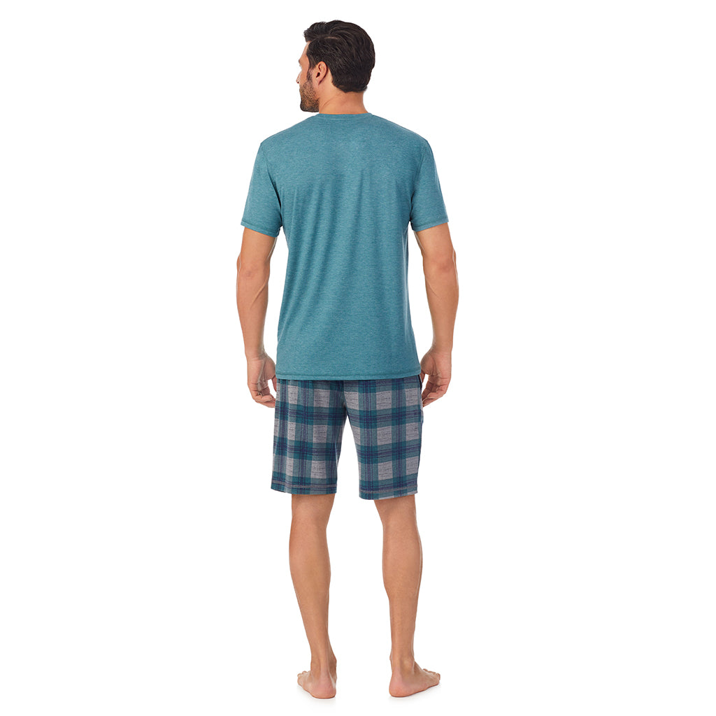Green Plaid;Model is wearing a size M. He is 6’2”, Waist is 32”, Inseam 34”@A man wearing Classic Short Sleeve Crew Neck Tee and Pajama Short 2-pc Set