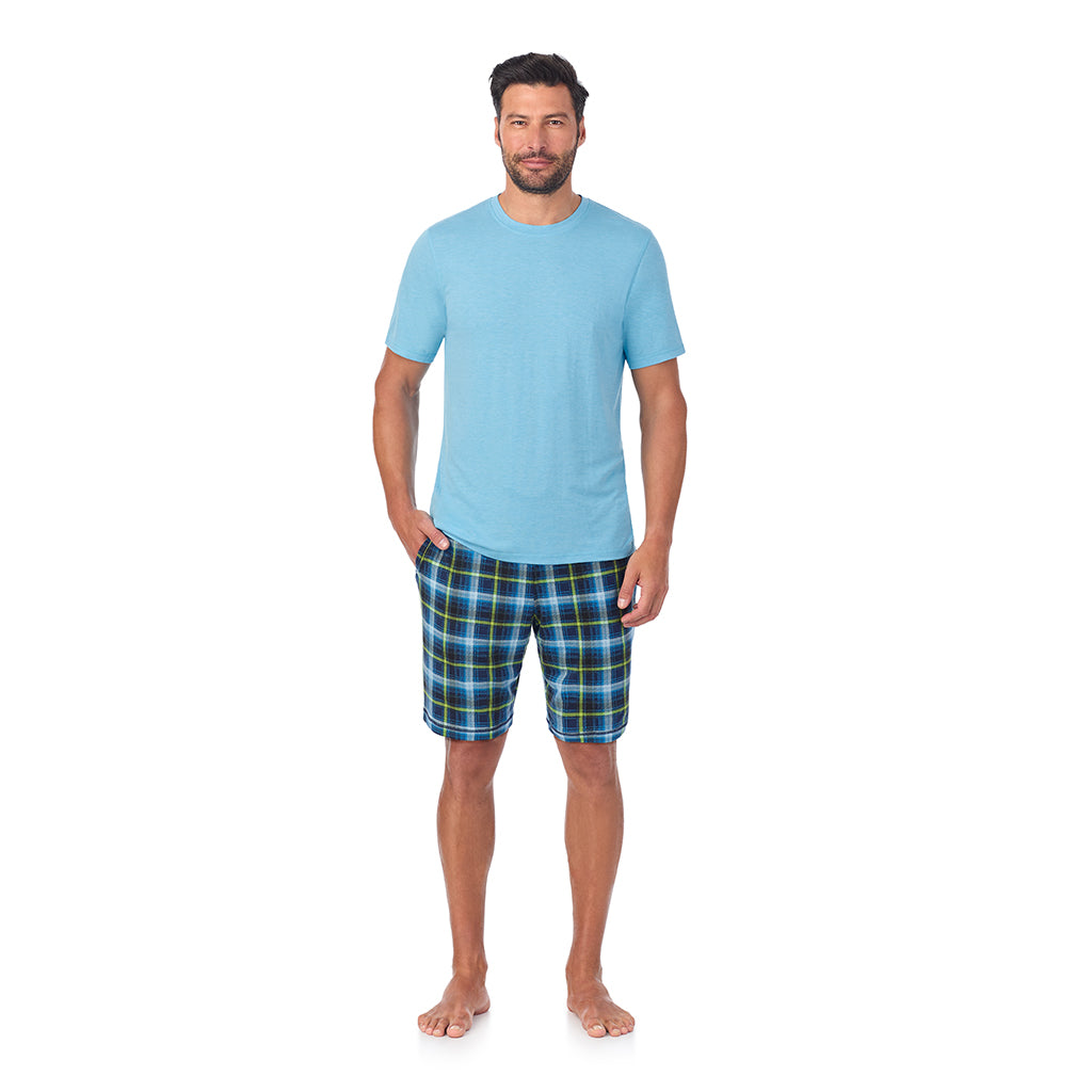 Blue Check;Model is wearing a size M. He is 6’2”, Waist is 32”, Inseam 34”@A man wearing Classic Short Sleeve Crew Neck Tee and Pajama Short 2-pc Set