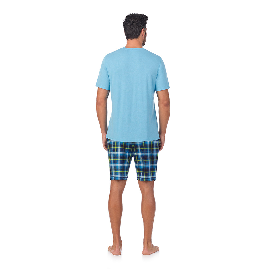 Blue Check;Model is wearing a size M. He is 6’2”, Waist is 32”, Inseam 34”@A man wearing Classic Short Sleeve Crew Neck Tee and Pajama Short 2-pc Set