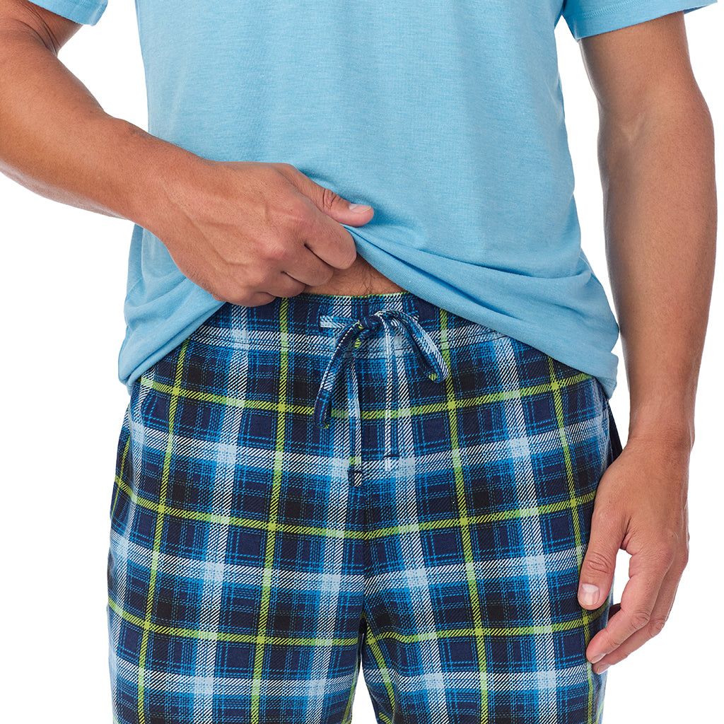 Blue Check;Model is wearing a size M. He is 6’2”, Waist is 32”, Inseam 34”@A man wearing Classic Short Sleeve Crew Neck Tee and Pajama Short 2-pc Set