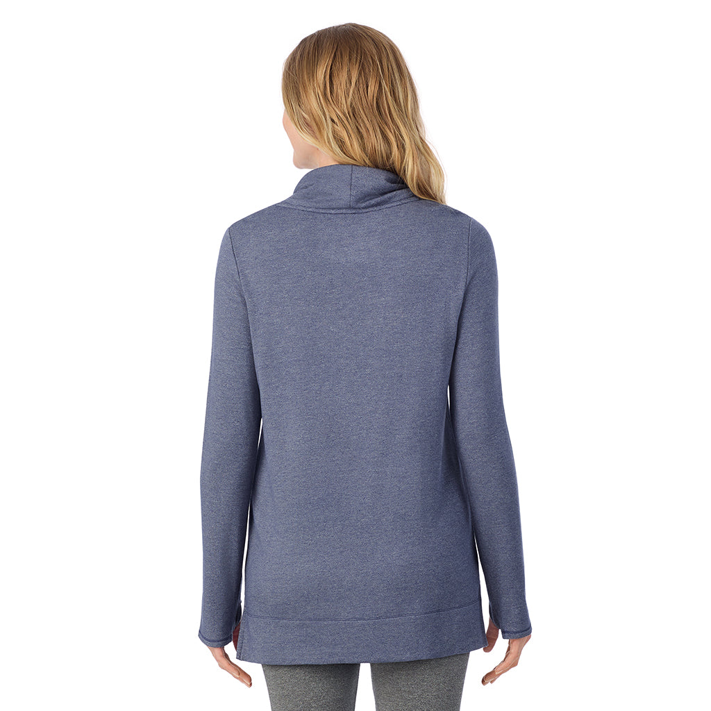 Twilight Blue Heather; Model is wearing size 1X. She is 5'11", Bust 36", Waist 36.5", Hips 47.5".@ A Lady is wearing a Ultra Cozy Long Sleeve Cowl Neck Tunic