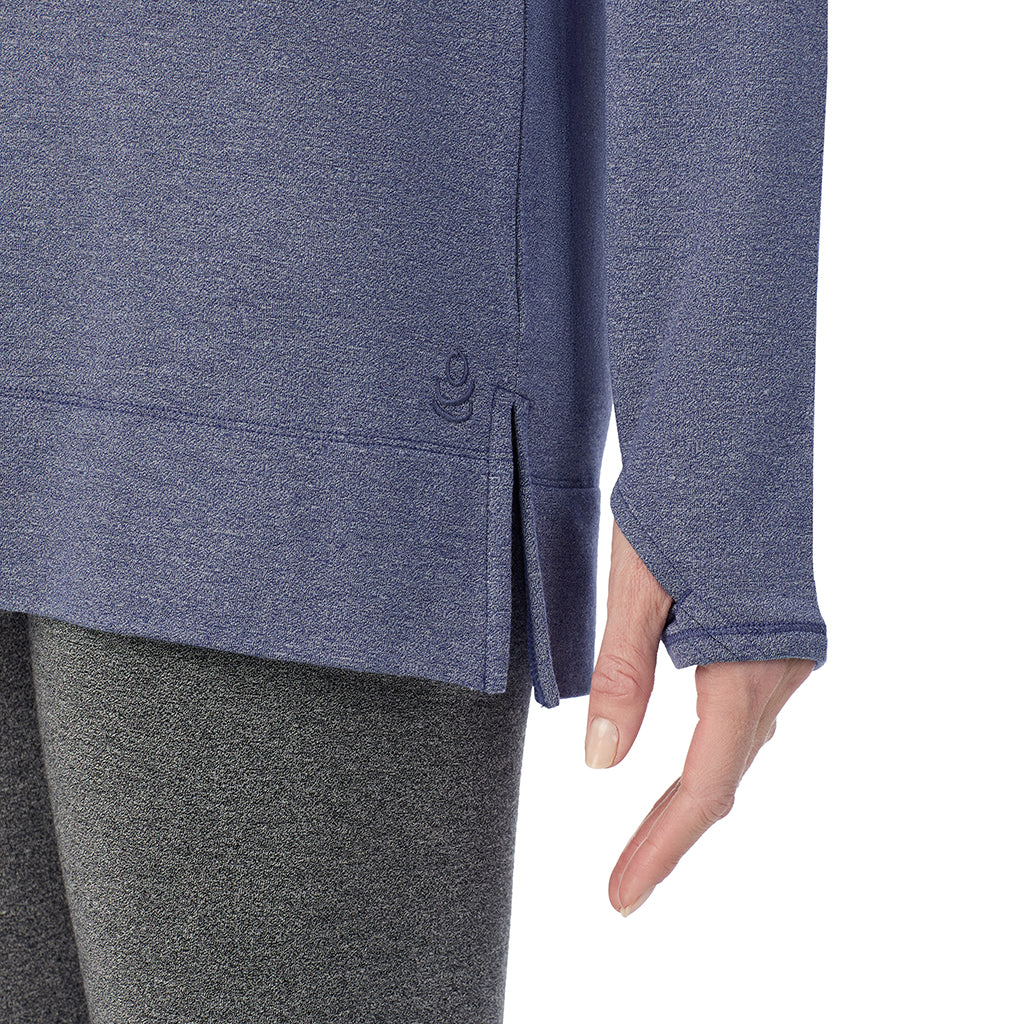 Twilight Blue Heather; Model is wearing size 1X. She is 5'11", Bust 36", Waist 36.5", Hips 47.5".@ A Lady is wearing a Ultra Cozy Long Sleeve Cowl Neck Tunic