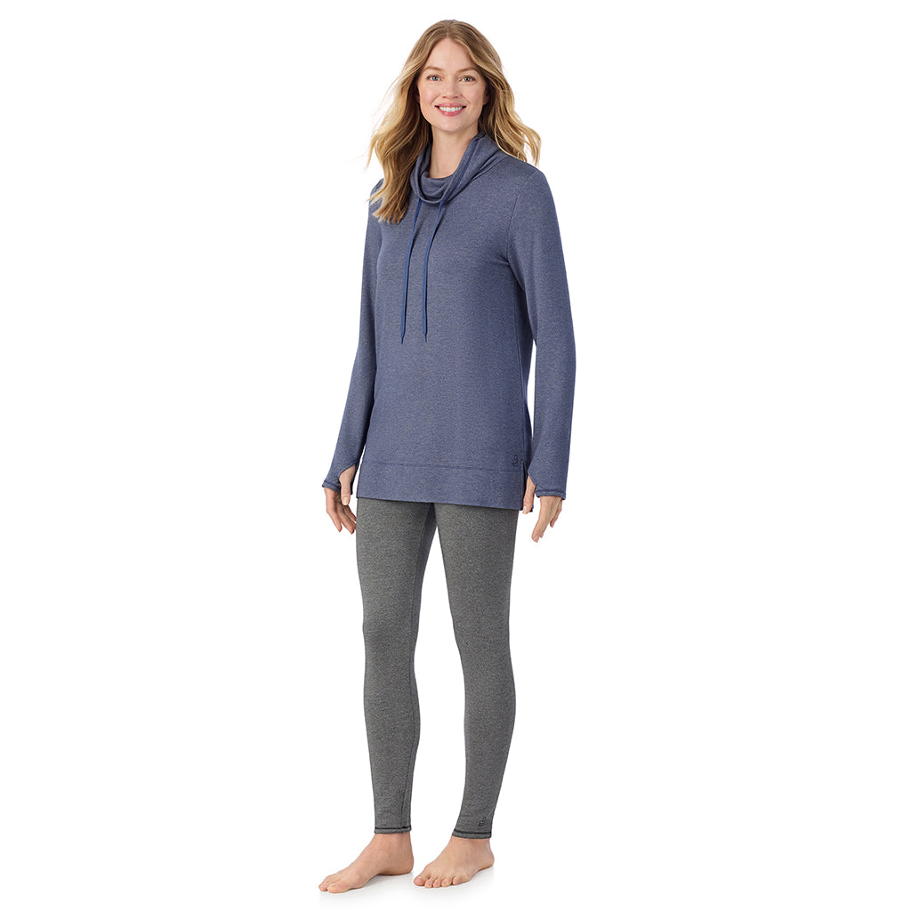 Twilight Blue Heather; Model is wearing size 1X. She is 5'11", Bust 36", Waist 36.5", Hips 47.5".@ A Lady is wearing a Ultra Cozy Long Sleeve Cowl Neck Tunic