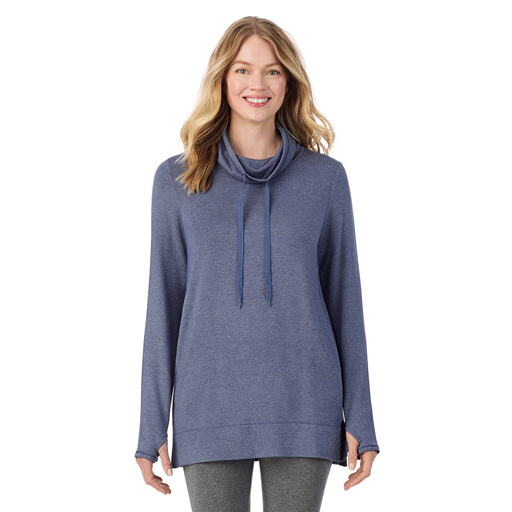 Twilight Blue Heather; Model is wearing size 1X. She is 5'11", Bust 36", Waist 36.5", Hips 47.5".@ A Lady is wearing a Ultra Cozy Long Sleeve Cowl Neck Tunic