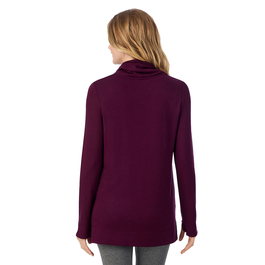 Dark Purple Heather; Model is wearing size 1X. She is 5'11", Bust 36", Waist 36.5", Hips 47.5".@ A Lady is wearing a Ultra Cozy Long Sleeve Cowl Neck Tunic