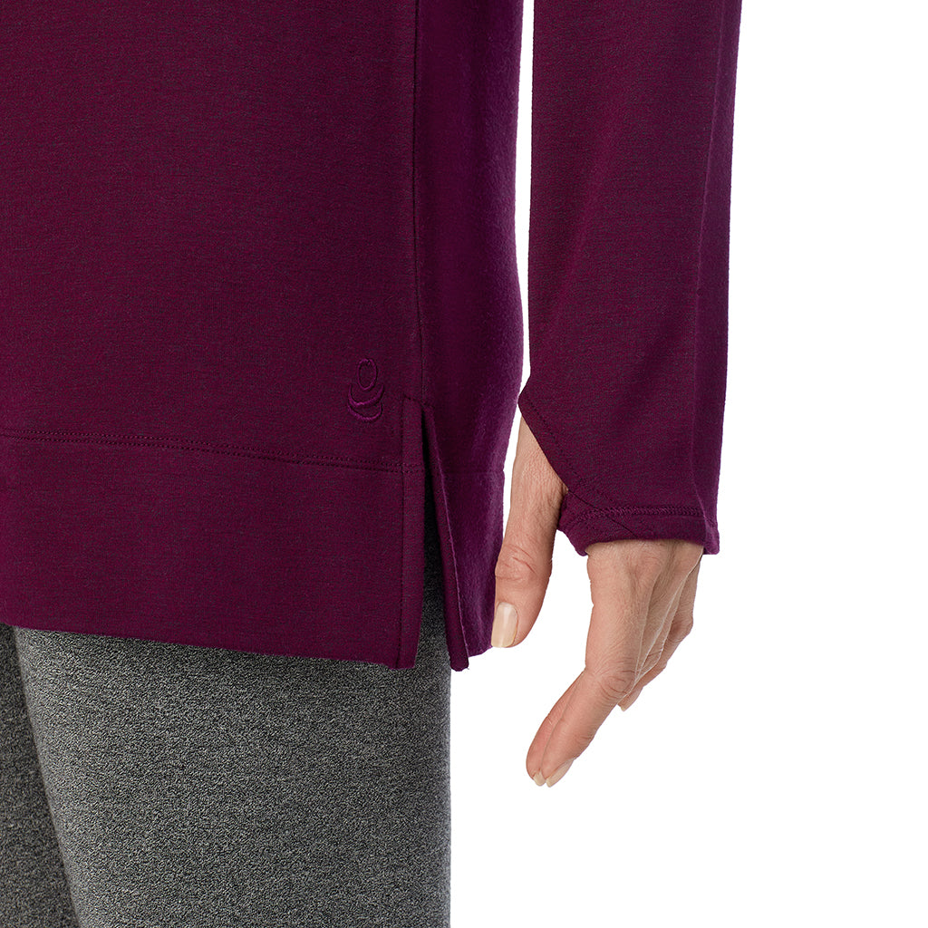 Dark Purple Heather; Model is wearing size 1X. She is 5'11", Bust 36", Waist 36.5", Hips 47.5".@ A Lady is wearing a Ultra Cozy Long Sleeve Cowl Neck Tunic