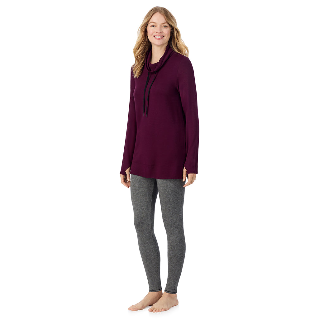 Dark Purple Heather; Model is wearing size 1X. She is 5'11", Bust 36", Waist 36.5", Hips 47.5".@ A Lady is wearing a Ultra Cozy Long Sleeve Cowl Neck Tunic