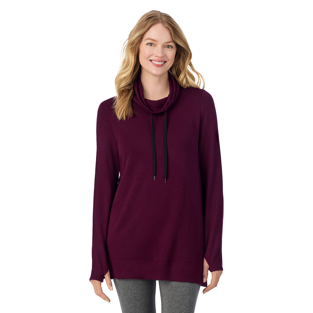 Dark Purple Heather; Model is wearing size 1X. She is 5'11", Bust 36", Waist 36.5", Hips 47.5".@ A Lady is wearing a Ultra Cozy Long Sleeve Cowl Neck Tunic
