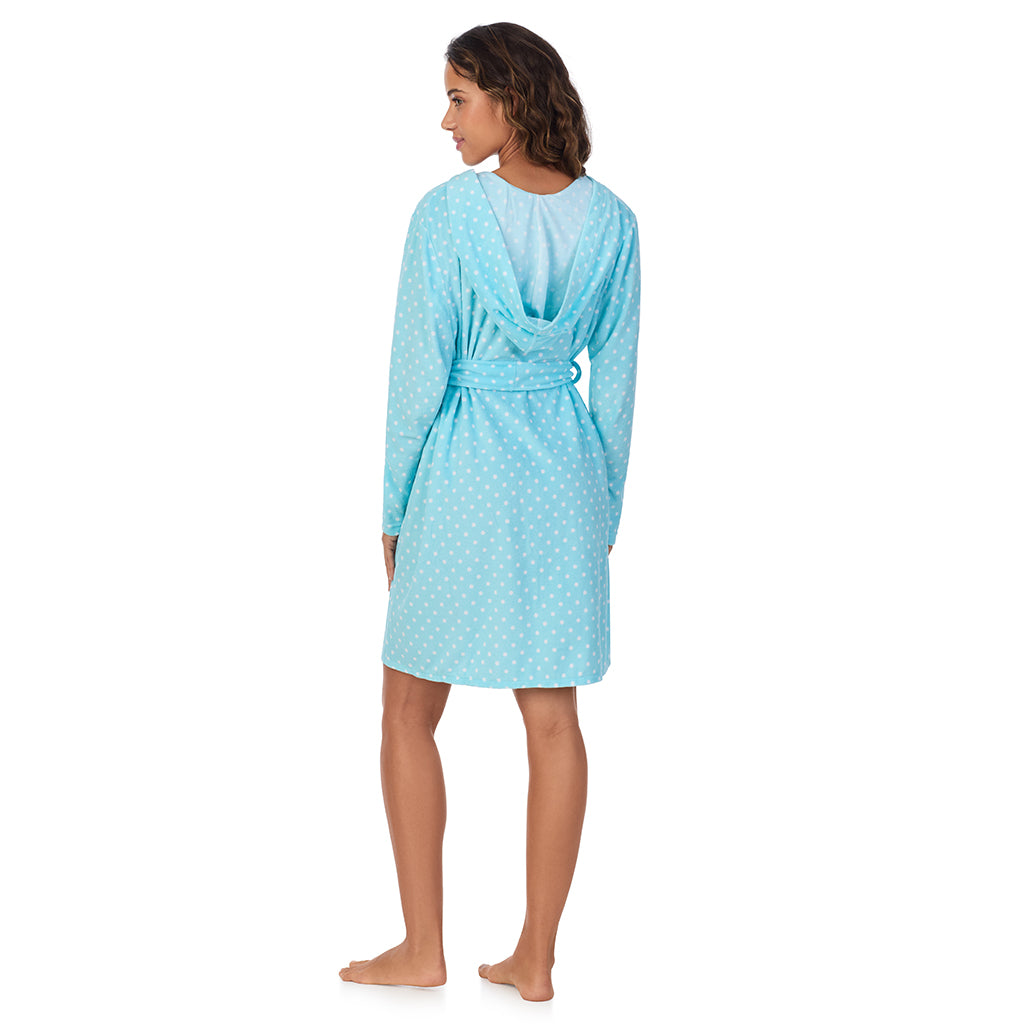 Aqua Dots; Model is wearing size S. She is 5’9”, Bust 34”, Waist 23”, Hips 35”. @A lady wearing Vintage Terry Wrap Robe with Hood