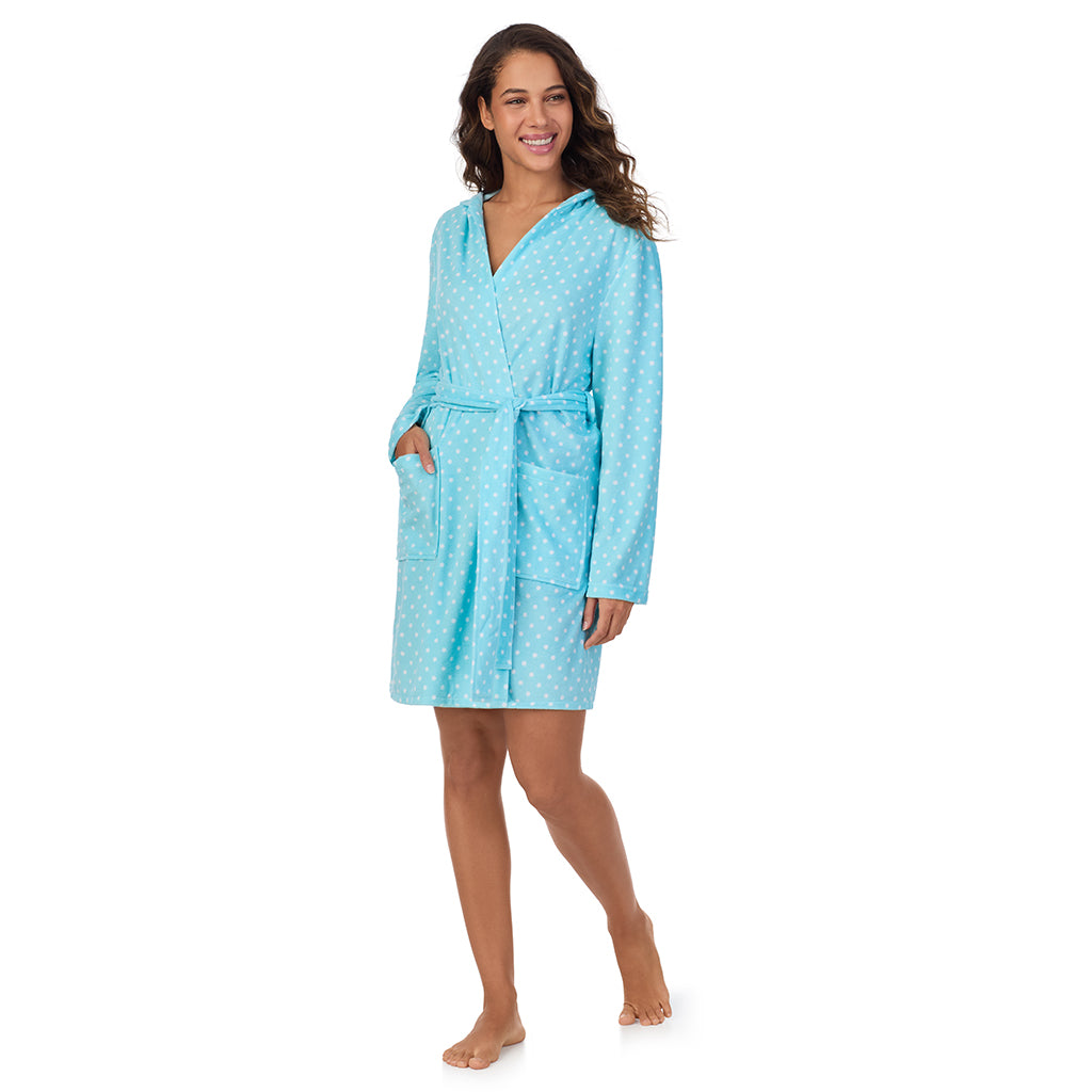 Aqua Dots; Model is wearing size S. She is 5’9”, Bust 34”, Waist 23”, Hips 35”. @A lady wearing Vintage Terry Wrap Robe with Hood