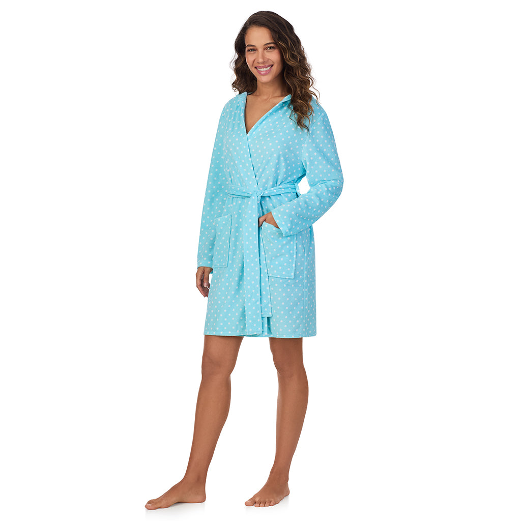 Aqua Dots; Model is wearing size S. She is 5’9”, Bust 34”, Waist 23”, Hips 35”. @A lady wearing Vintage Terry Wrap Robe with Hood