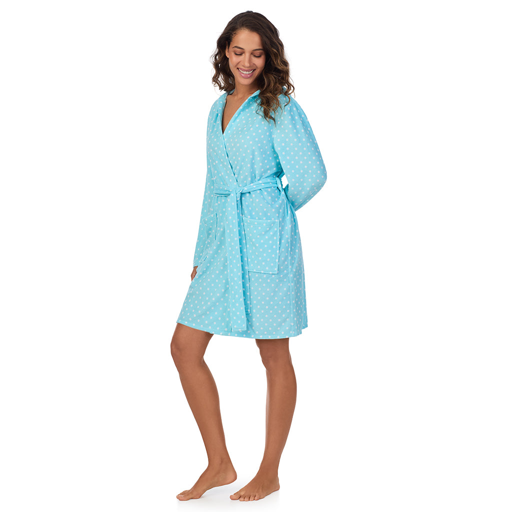 Aqua Dots; Model is wearing size S. She is 5’9”, Bust 34”, Waist 23”, Hips 35”. @A lady wearing Vintage Terry Wrap Robe with Hood