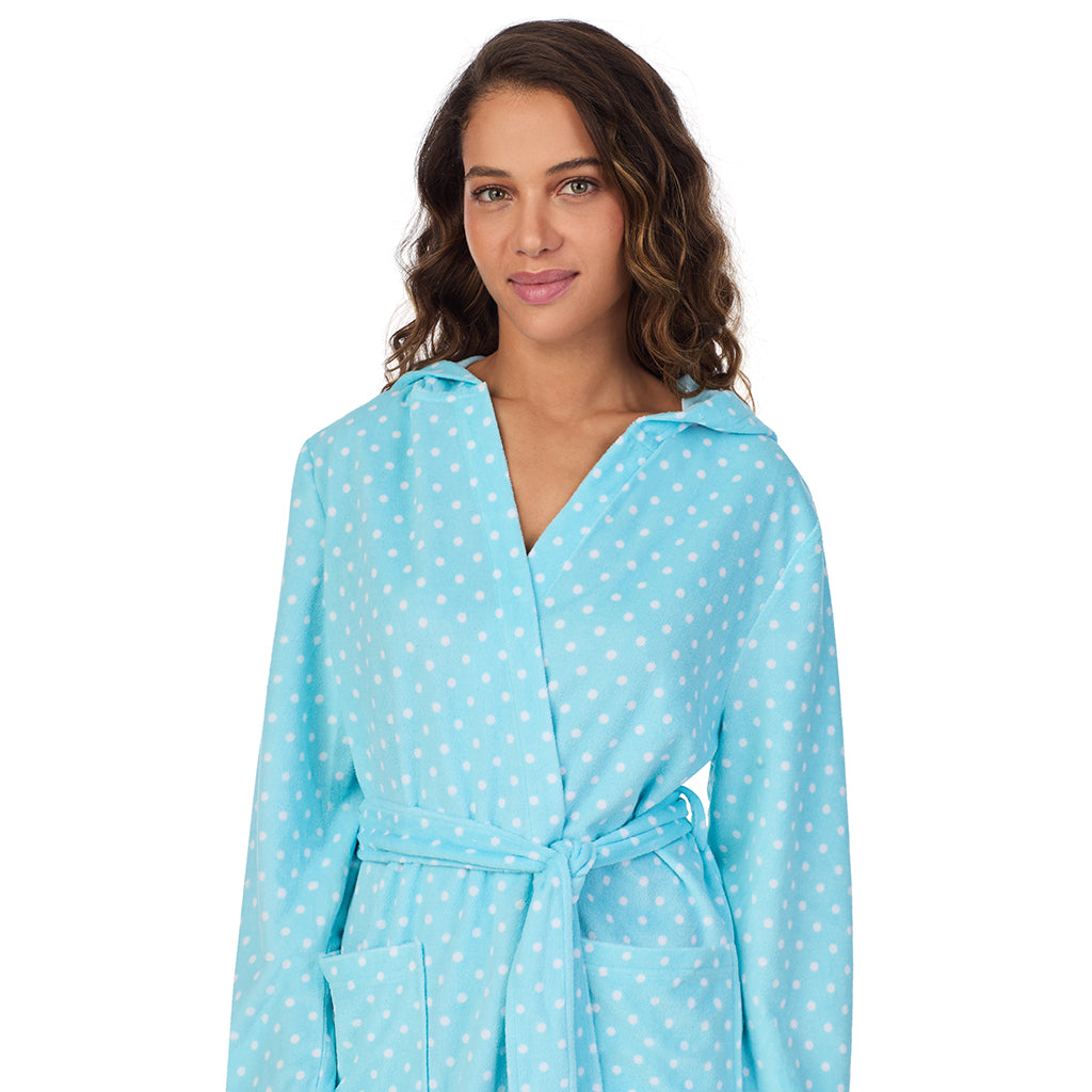 A lady wearing Vintage Terry Wrap Robe with Hood