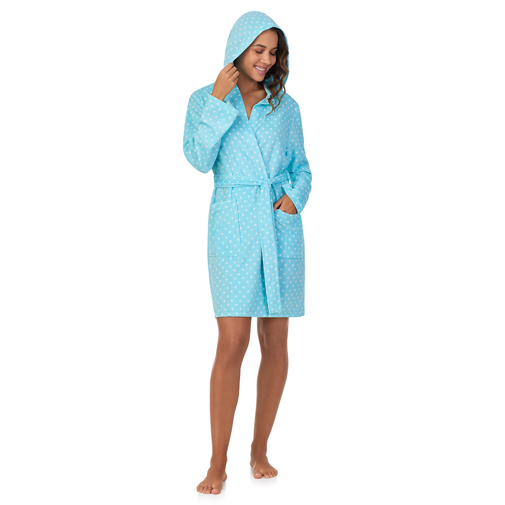 A lady wearing Vintage Terry Wrap Robe with Hood