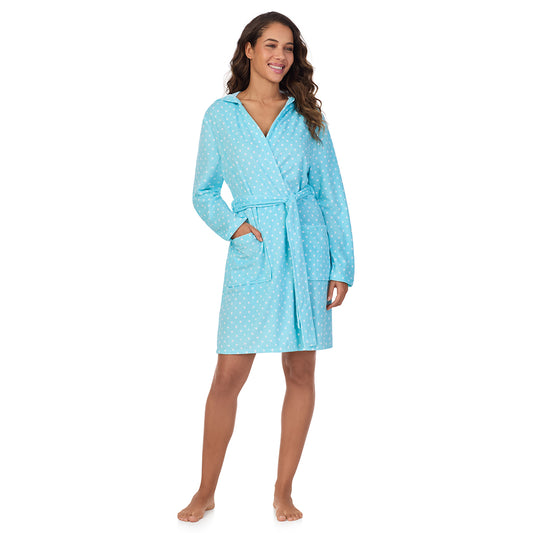 A lady wearing Vintage Terry Wrap Robe with Hood