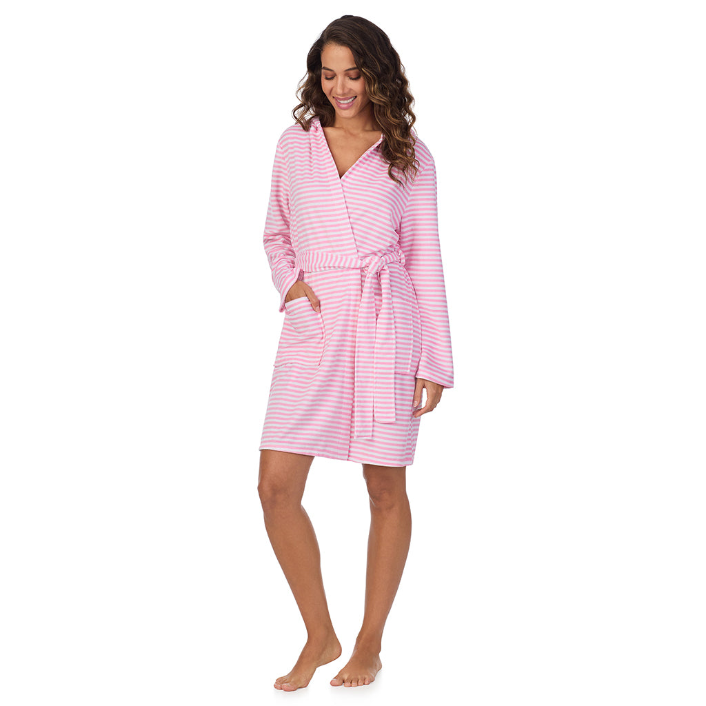 Pink Stripe; Model is wearing size S. She is 5’9”, Bust 34”, Waist 23”, Hips 35”. @A lady wearing Vintage Terry Wrap Robe with Hood