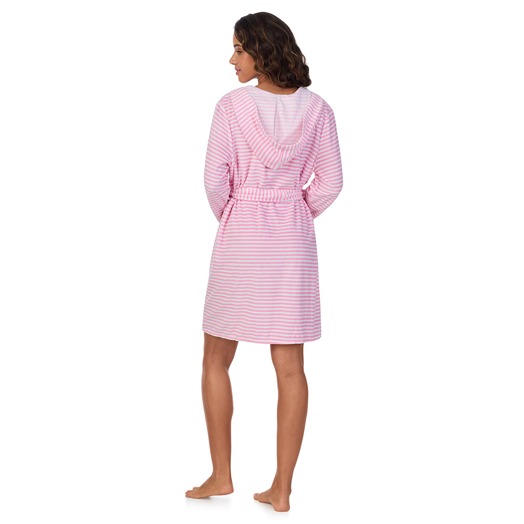 Pink Stripe; Model is wearing size S. She is 5’9”, Bust 34”, Waist 23”, Hips 35”. @A lady wearing Vintage Terry Wrap Robe with Hood