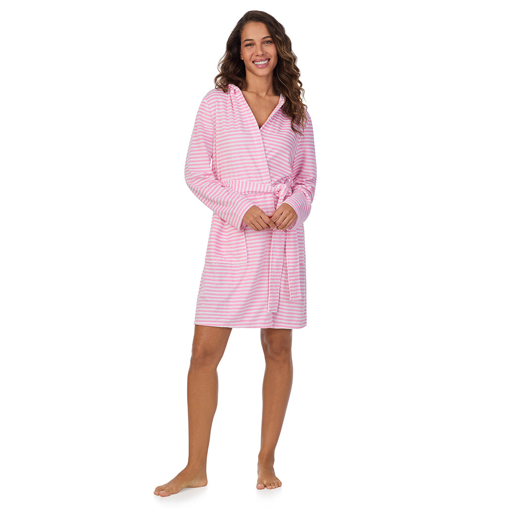 Pink Stripe; Model is wearing size S. She is 5’9”, Bust 34”, Waist 23”, Hips 35”. @A lady wearing Vintage Terry Wrap Robe with Hood