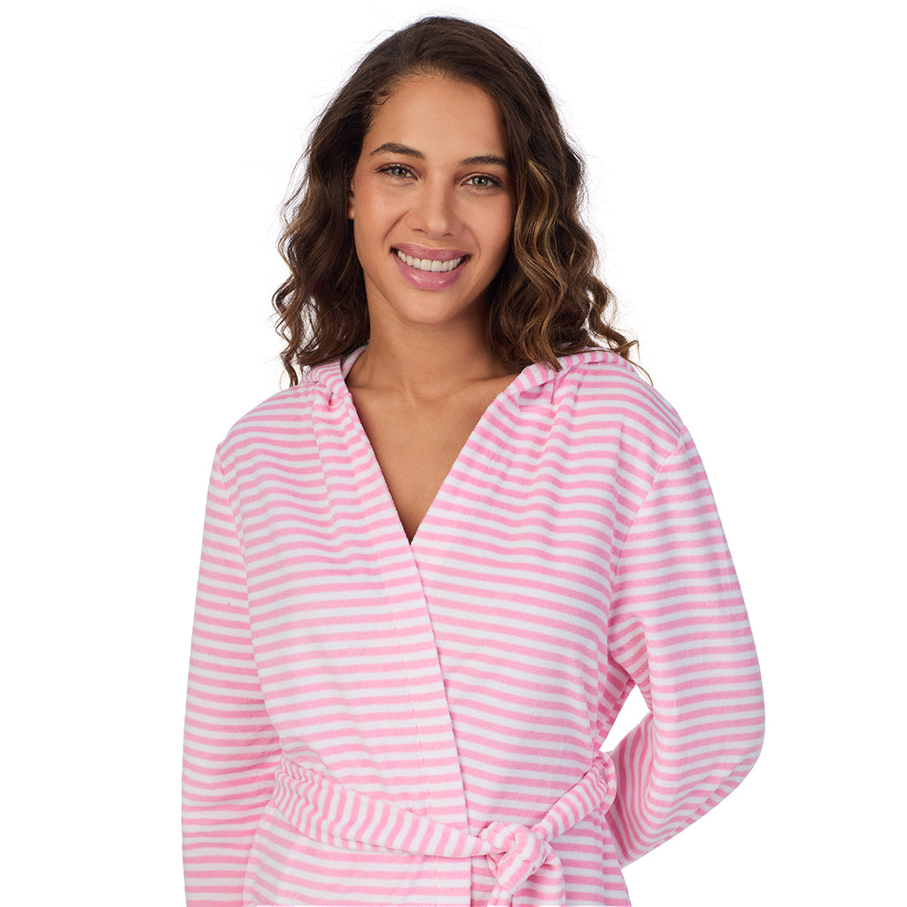 Pink Stripe; Model is wearing size S. She is 5’9”, Bust 34”, Waist 23”, Hips 35”. @A lady wearing Vintage Terry Wrap Robe with Hood